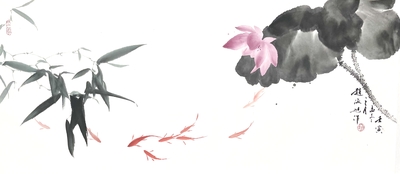 荷花鱼竹子35×78