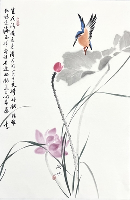 荷花翠鸟46×70