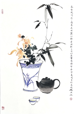 茶壶菊花竹子46×70