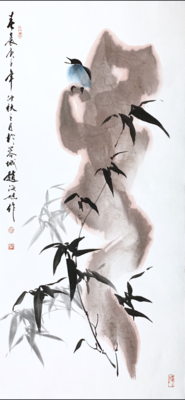 竹子小鸟石头97×45